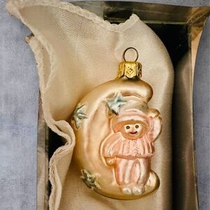 Angel on Moon PINK Ornament Vintage handblown, mercury glass, handpainted Xmas